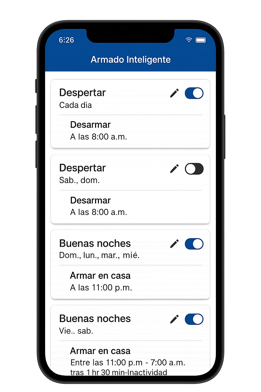 App ADT de alarma para hogar con Armado Inteligente, configuración de horario de despertar, selección de días, ajuste de horas y desarmado automático por actividad en sistema de seguridad doméstica